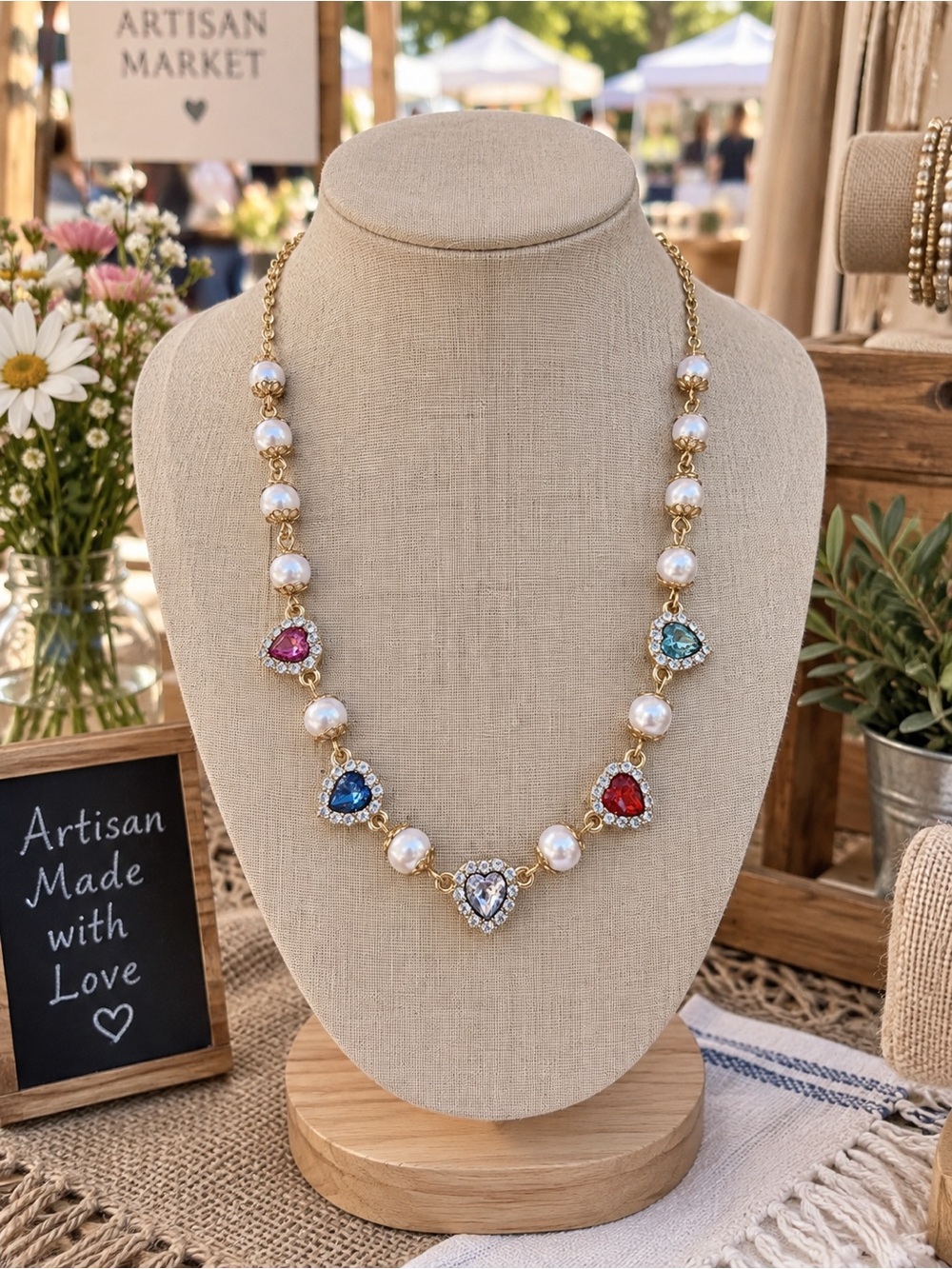 Artisan Gold Pearl Necklace with Multicolor Heart Gems